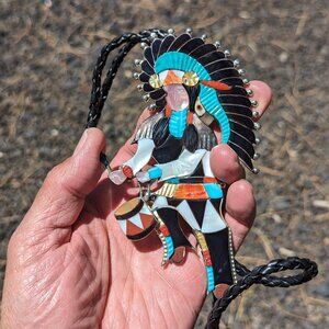 Bolo Tie Zuni Native American Sterling‎ Silver Inlay Rare Chief Ceremonial ***
